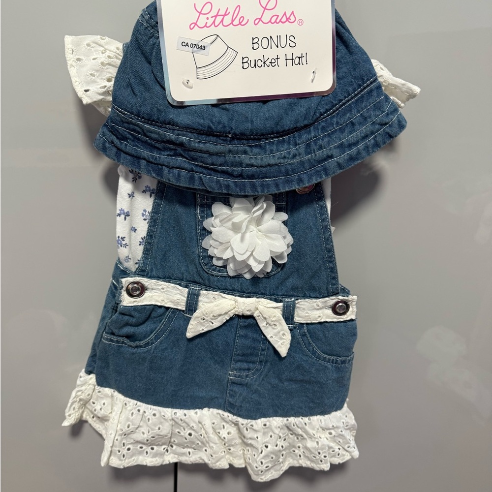 Little Lass Blue Denim Dress with White Lace and Hat